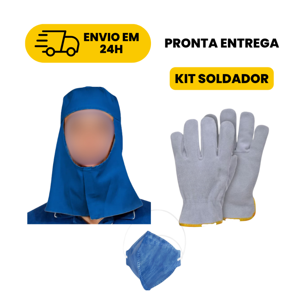 Kit EPI Soldador - Touca de Brim, Luva Raspa Total e Máscara PFF2