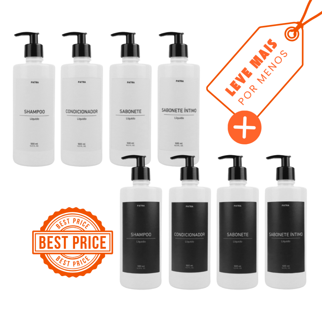 2 Kit Banho Frasco Branco 4pçs Shampoo Condicionador Sabonete líquido e Sabonete íntimo Dispenser 500ml Cil.