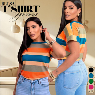 Blusa T-shirt Listrada, lisa, Manga Curta Doblada Tendencia 2026 Cores Verao Casual Elegante Gringa