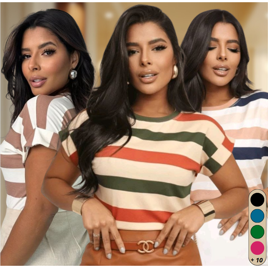 Blusa T-shirt Listrada Bicolor Manga Curta Doblada Cores Verao Inverno Tendencia 2025 Viscolycra Premium