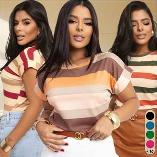 Blusa T-shirt Viscolycra Premium Listrada Bicolor Manga Curta Japonesa Doblada Cores Verao Tendencia 2026 Casual Elegan