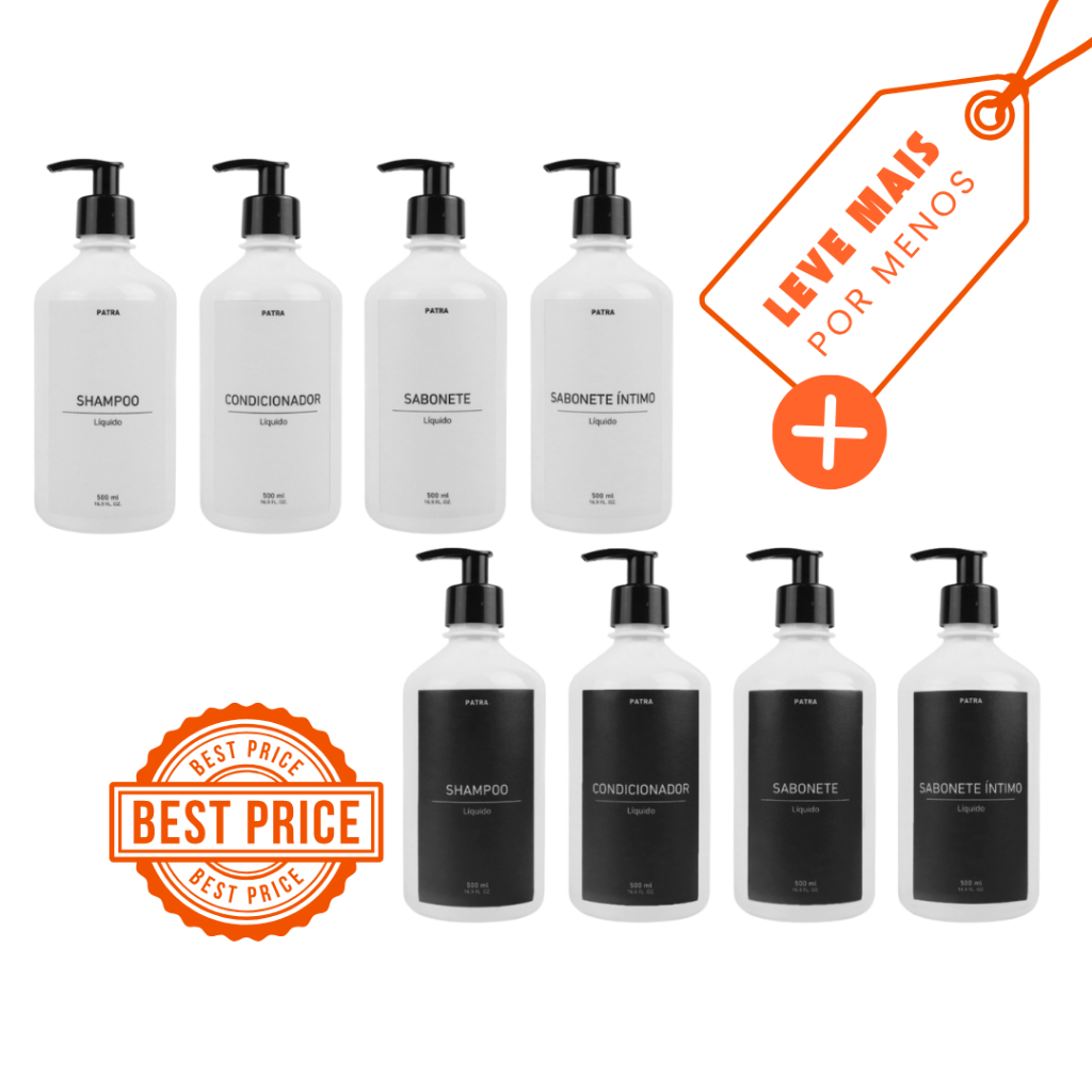 2 Kit Banho Frasco Branco 4pçs Shampoo Condicionador Sabonete líquido e Sabonete íntimo Dispenser 500ml Pharma