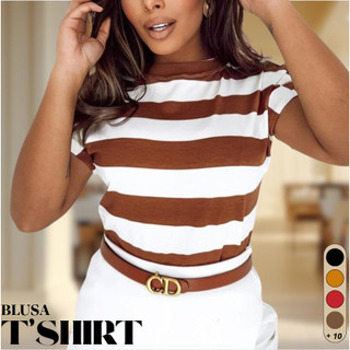 Blusa T-shirt Listrada Bicolor Manga Curta Doblada Cores Verao Inverno Tendencia 2025 Viscolycra Premium