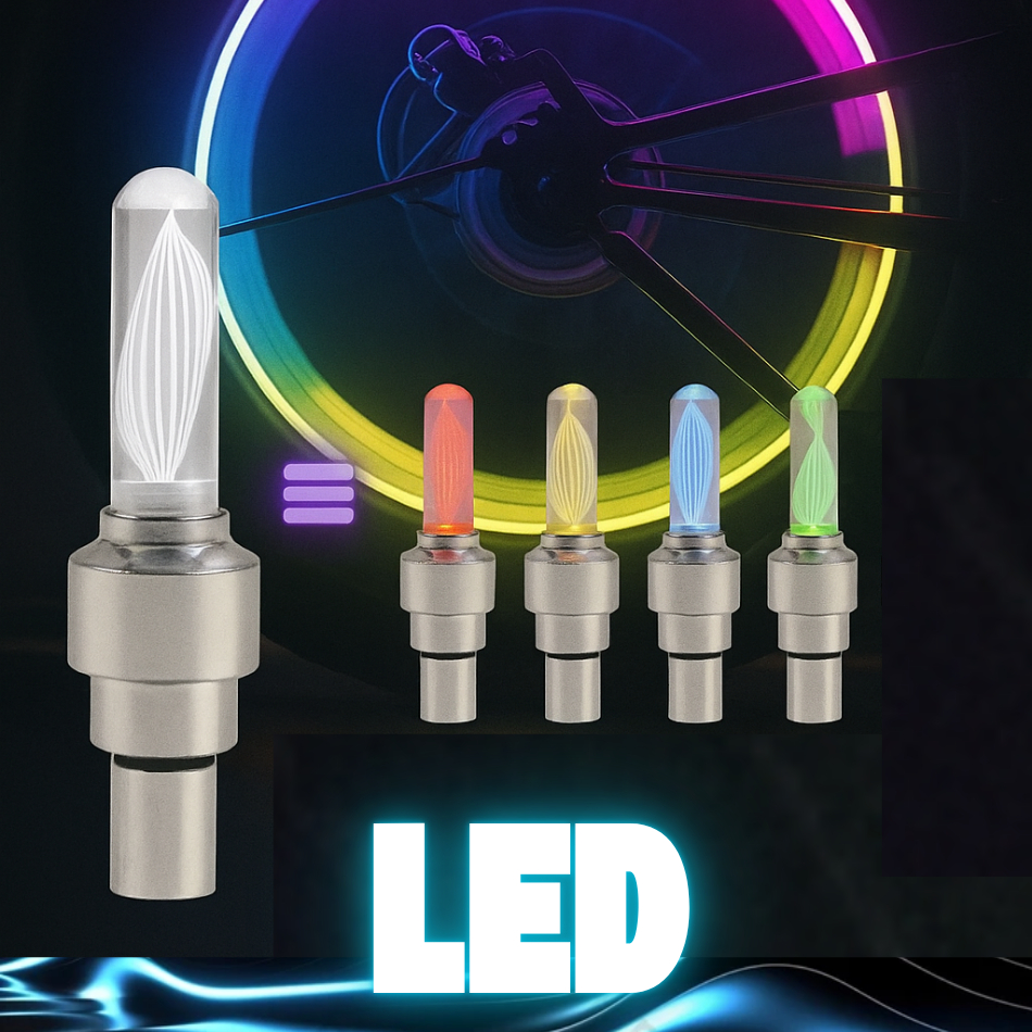 Par de LED para Pneu com 4 Cores em 1 – Flash Automático ao Girar Luz Roda Pneu Aro Bico Pito