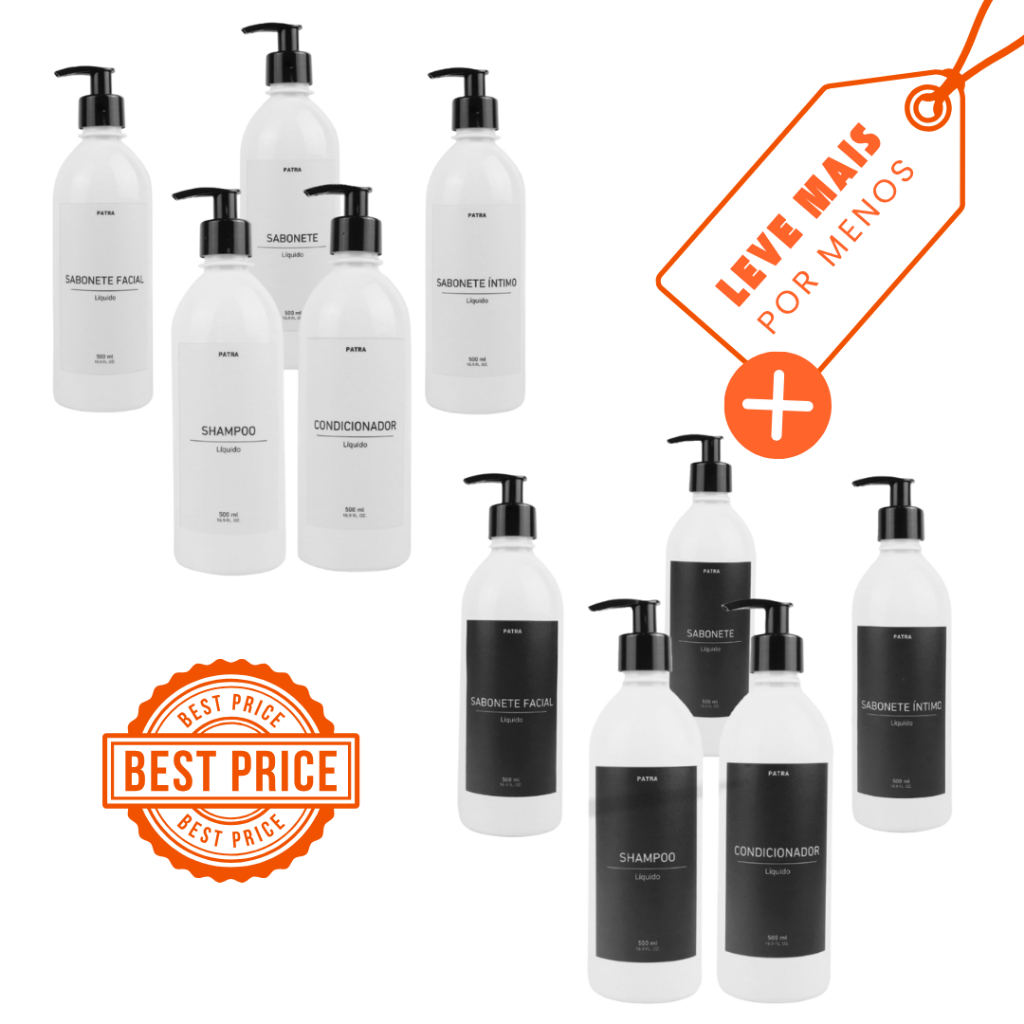 2 kits Banho Frasco Branco 5pçs Shampoo Condicionador Sabonete líquido, íntimo e facial 500ml Caçula