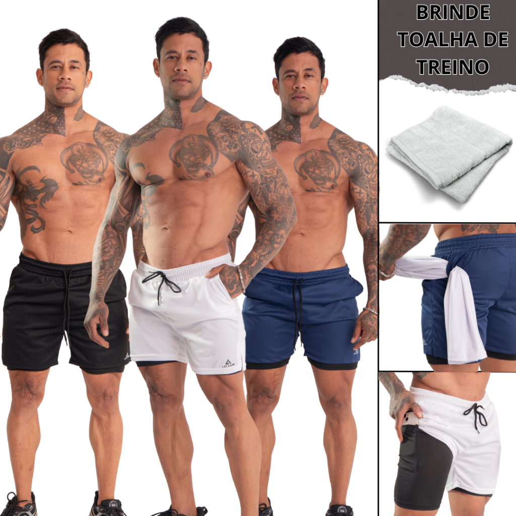 Kit 3 bermuda masculino duplo 2 em 1 com bolso interno para academia, treino, corrida proteção UV+