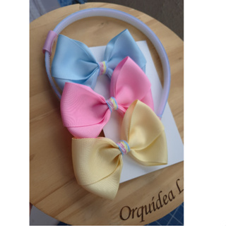 Laço infantil com tiara 3x1 colorido arquinho escolar menina infantil, 3 laços mais arco. em Oferta na Shopee