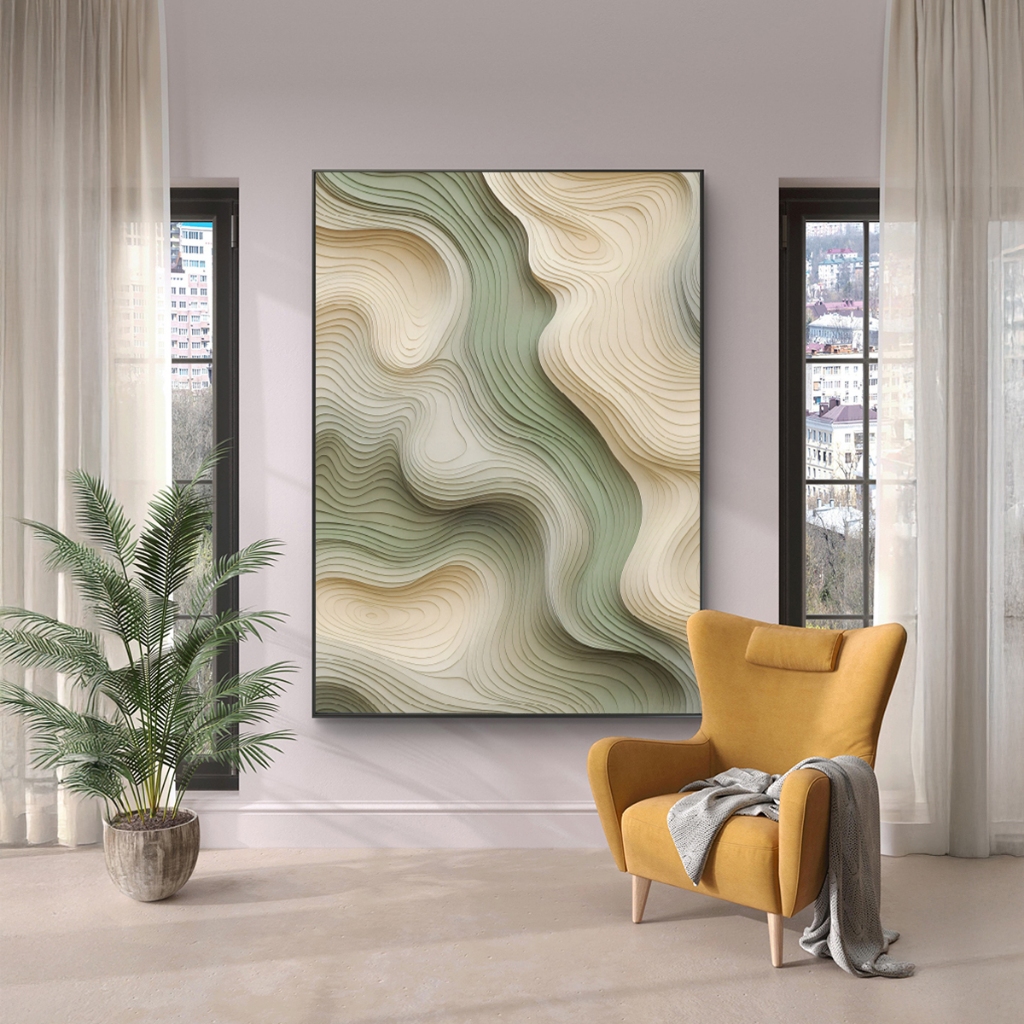 Quadro Decorativo Grande Moderno 80x120 cm Com Moldura Abstrato Dunas Verde e Bege