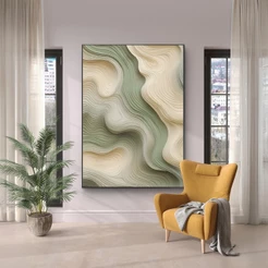 Quadro Decorativo Grande Moderno 80x120 cm Com Moldura Abstrato Dunas Verde e Bege