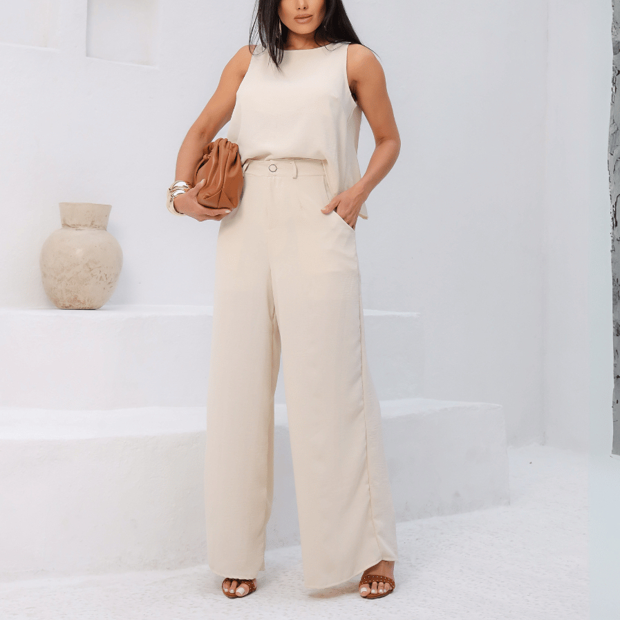 Conjunto Alfaiataria Feminino Elegante Blusa e Calça Wide Leg Pantalona Cintura Alta Outono Inverno