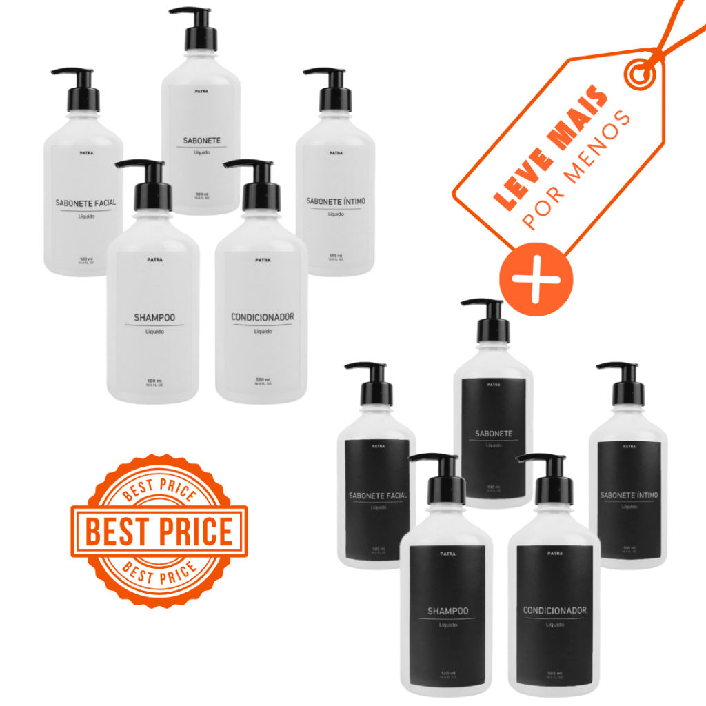 2 kits Banho Frasco Branco 5pçs Shampoo Condicionador Sabonete líquido, íntimo e facial 500ml Pharma