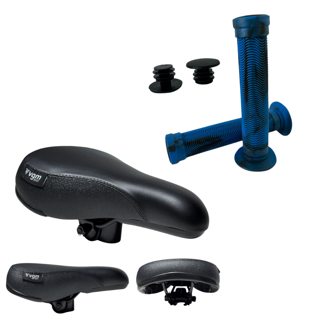 Selim Banco VGM Inspired Bike Bmx Grau Willing + Manopla Bmx Azul Preta Importada Dirt Willing Grau Tipo Gios