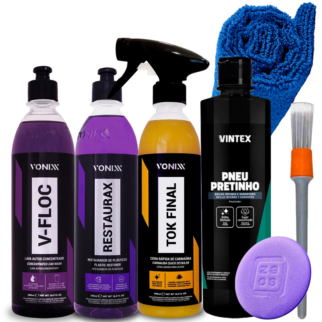 Kit Lavagem Automotiva Shampoo V-Floc + Restaurador de Plástico Restaurax + Cera Tok final + Pneu Pretinho Vonixx