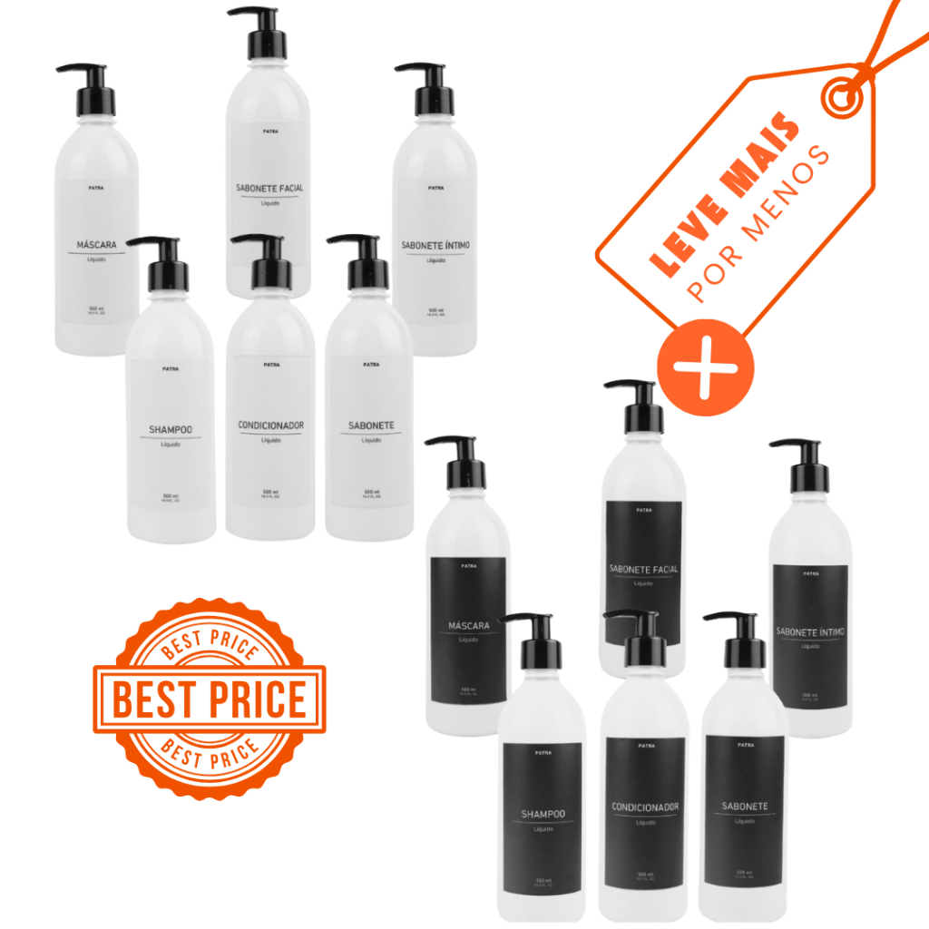 2 Kits Banho Frasco Branco 6pçs Shampoo Condicionador Sabonete líquido, íntimo, facial e máscara Dispenser 500ml Caçula