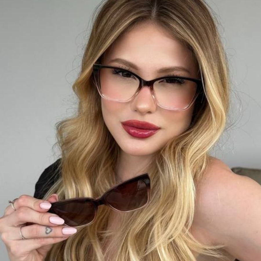 Óculos de Grau Clipon Solar 2 em 1 Feminino Gatinho Luxuoso Haste Elegante Armação Elegante Resistente