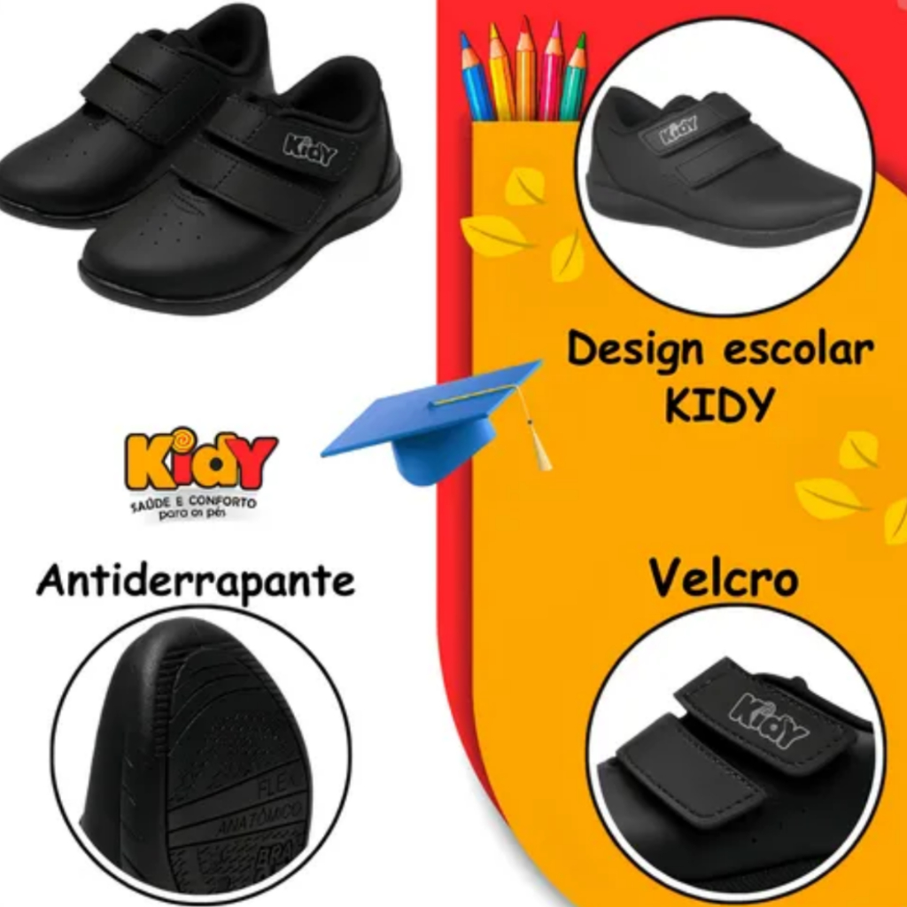 Tênis Infantil Menino Kidy Usefull College Calce Fácil Escolar Anatômico Criança Casual Preto Moda