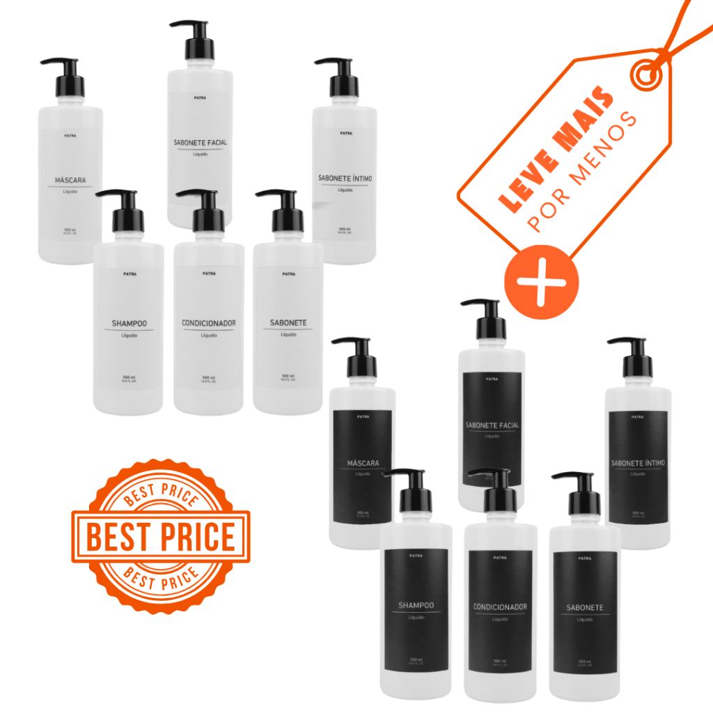 2 Kits Banho Frasco Branco 6pçs Shampoo Condicionador Sabonete líquido, íntimo, facial e máscara Dispenser 500ml Cil.