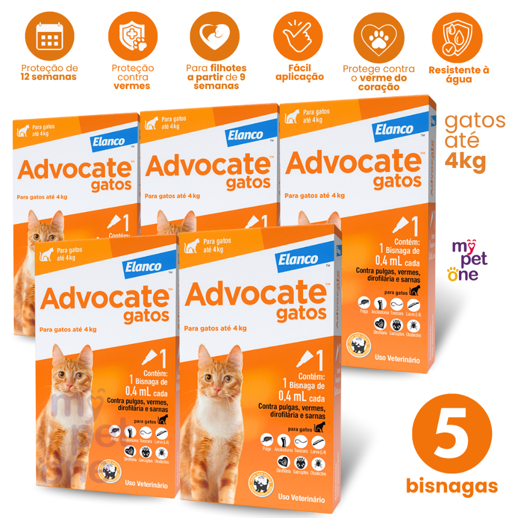 Kit 5 Antipulgas Advocate Elanco 0,4 mL para Gatos até 4 Kg - 1 Bisnaga em Oferta na Shopee