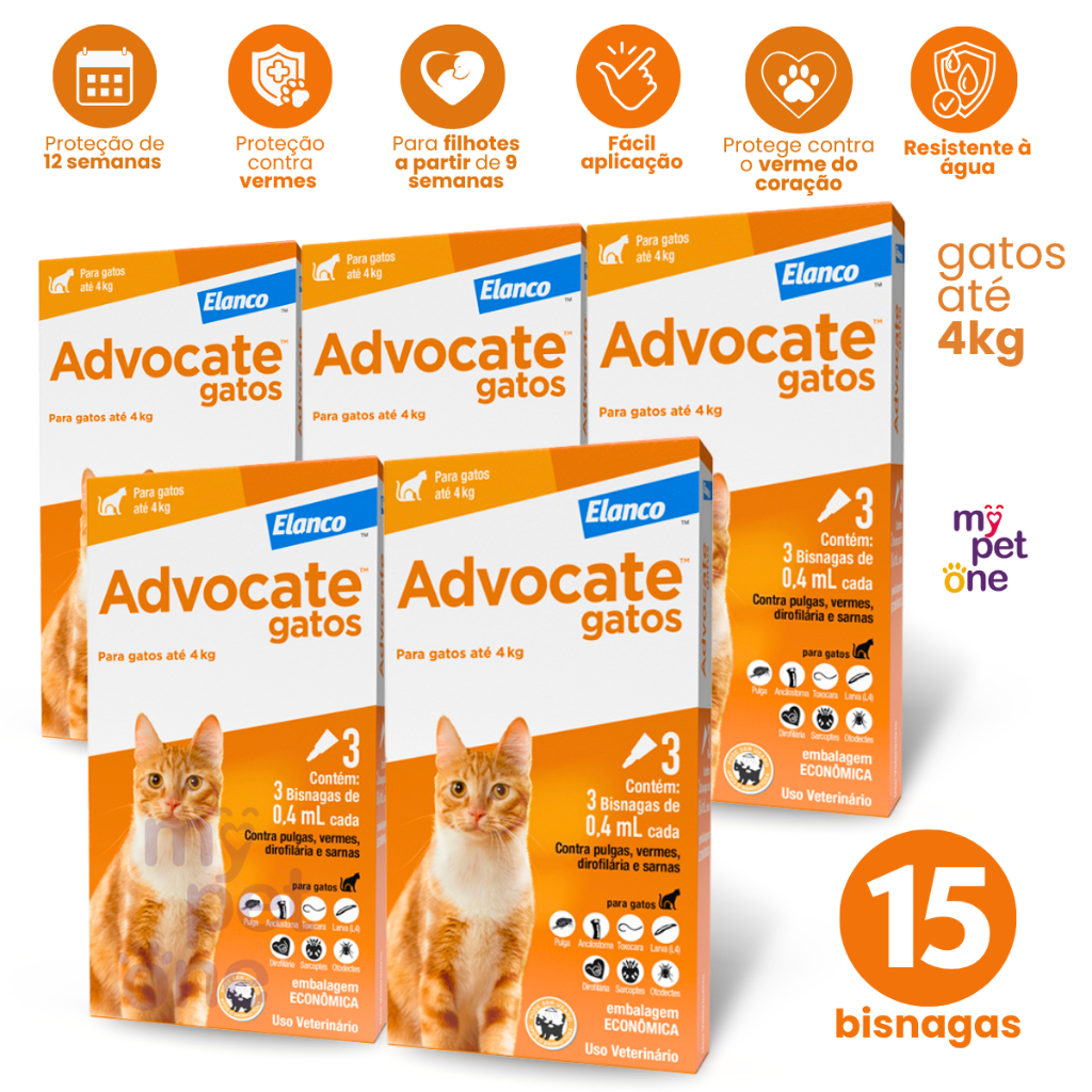Kit 5 Advocate Elanco 0,4 mL para Gatos até 4 Kg - 3 Bisnagas em Oferta na Shopee