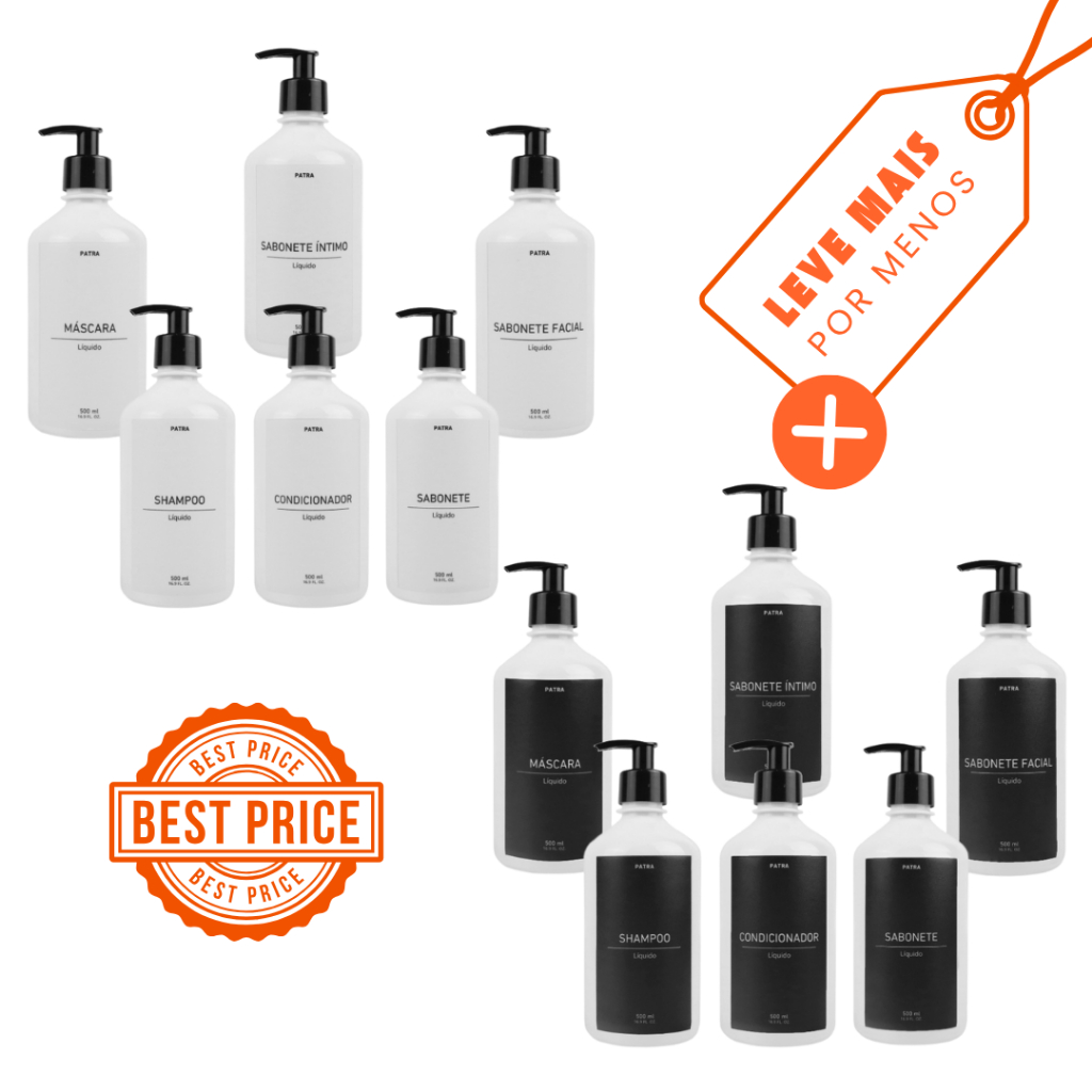 2 Kits Banho Frasco Branco 6pçs Shampoo Condicionador Sabonete líquido, íntimo, facial e máscara Dispenser 500ml Pharma
