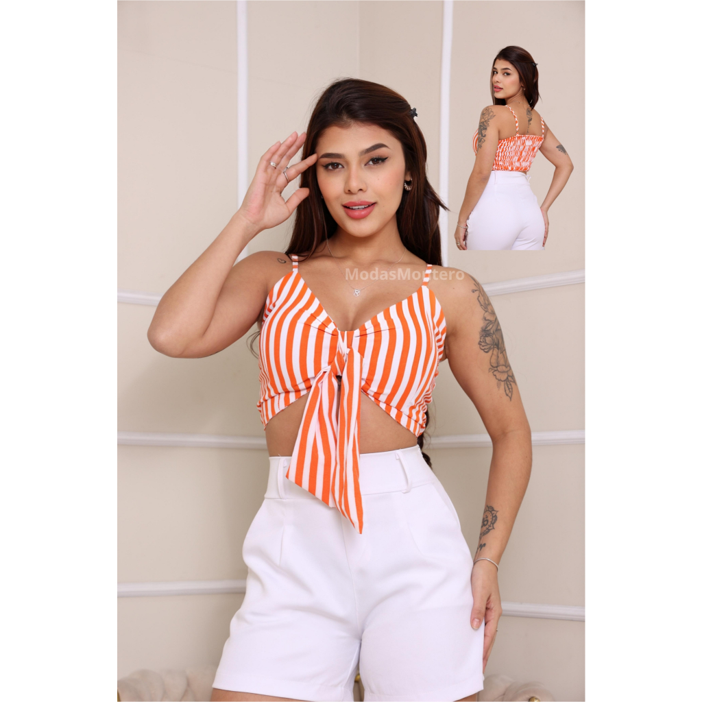 Blusa Cropped Feminina Listrada Amarração Frontal Tendência Shopee