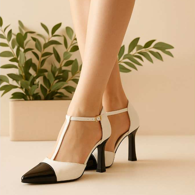 Sapato Scarpin Salto Alto 8cm Feminino Bicolor Com Tira No Meio Confort 126