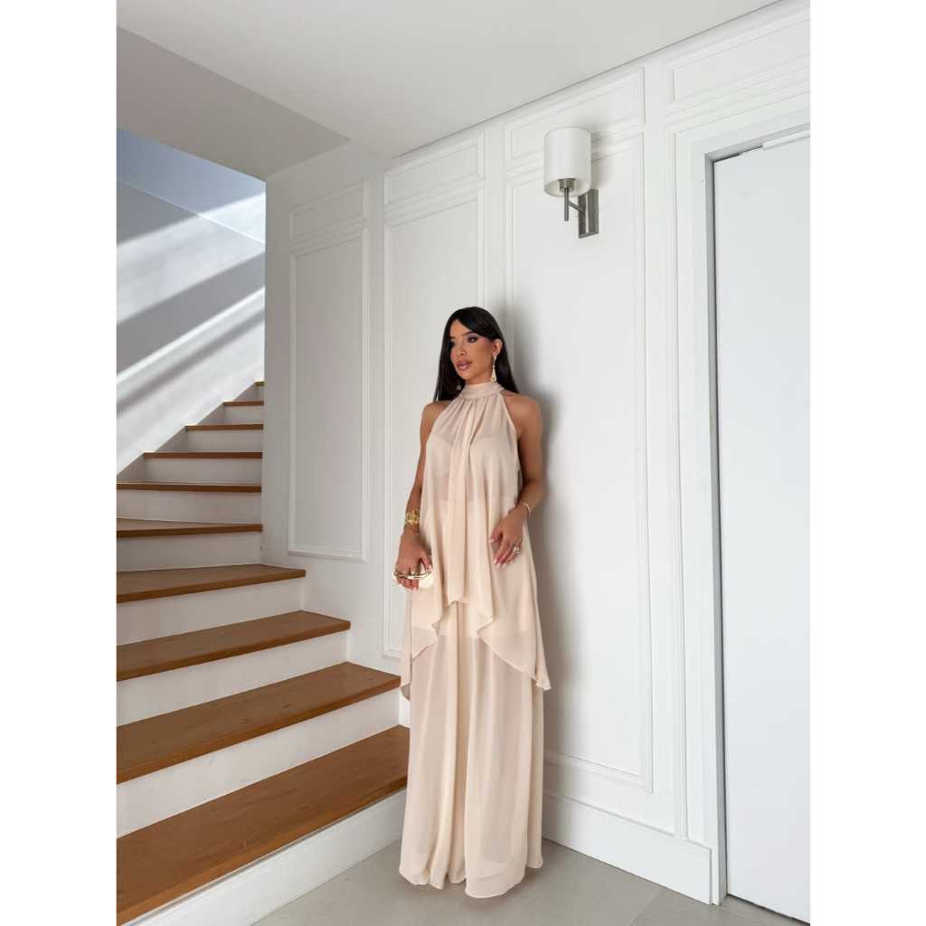 Conjunto Calça e Blusa Tule Longo Elegante Chiffon | Off-White