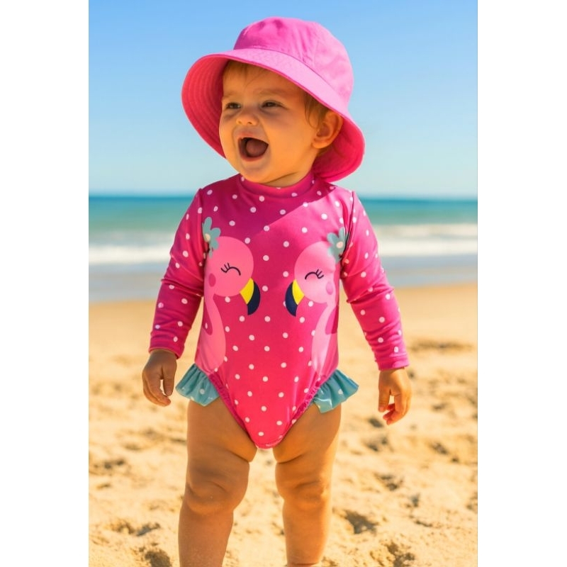Conjunto de Biquíni Bebê com Blusa Proteção Solar UV 50+  e Chapéu