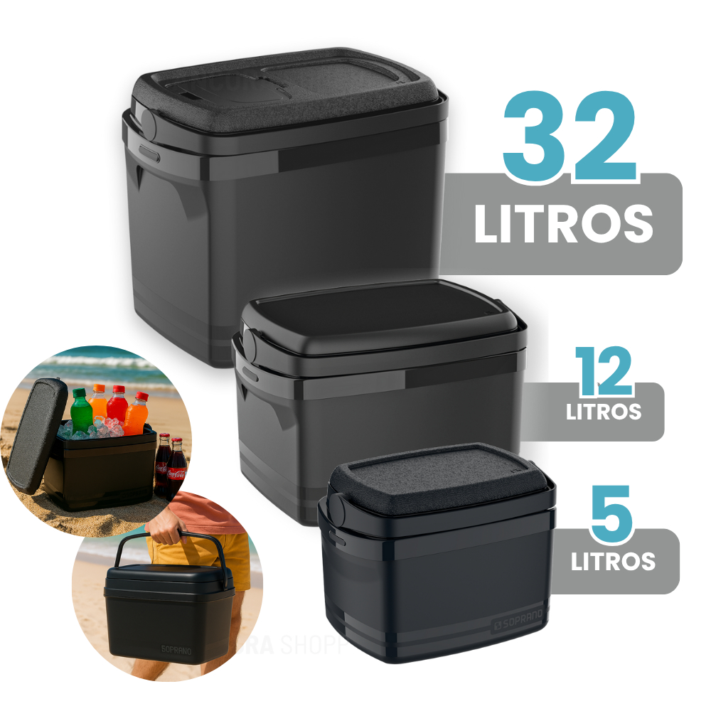 Caixa Térmica Cooler 5 / 12 / 32 Litros com Alça de Transporte e Tampa Porta Latinha Garrafa Preta em Oferta na Shopee
