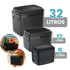 Caixa Térmica Cooler 5 / 12 / 32 Litros com Alça de Transporte e Tampa Porta Latinha Garrafa Preta