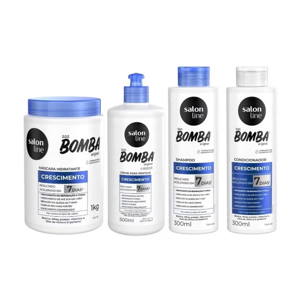 Kit SOS Bomba Original Shampoo + Condicionador 300ml + Creme 500ml + Máscara 1kg em Oferta na Shopee