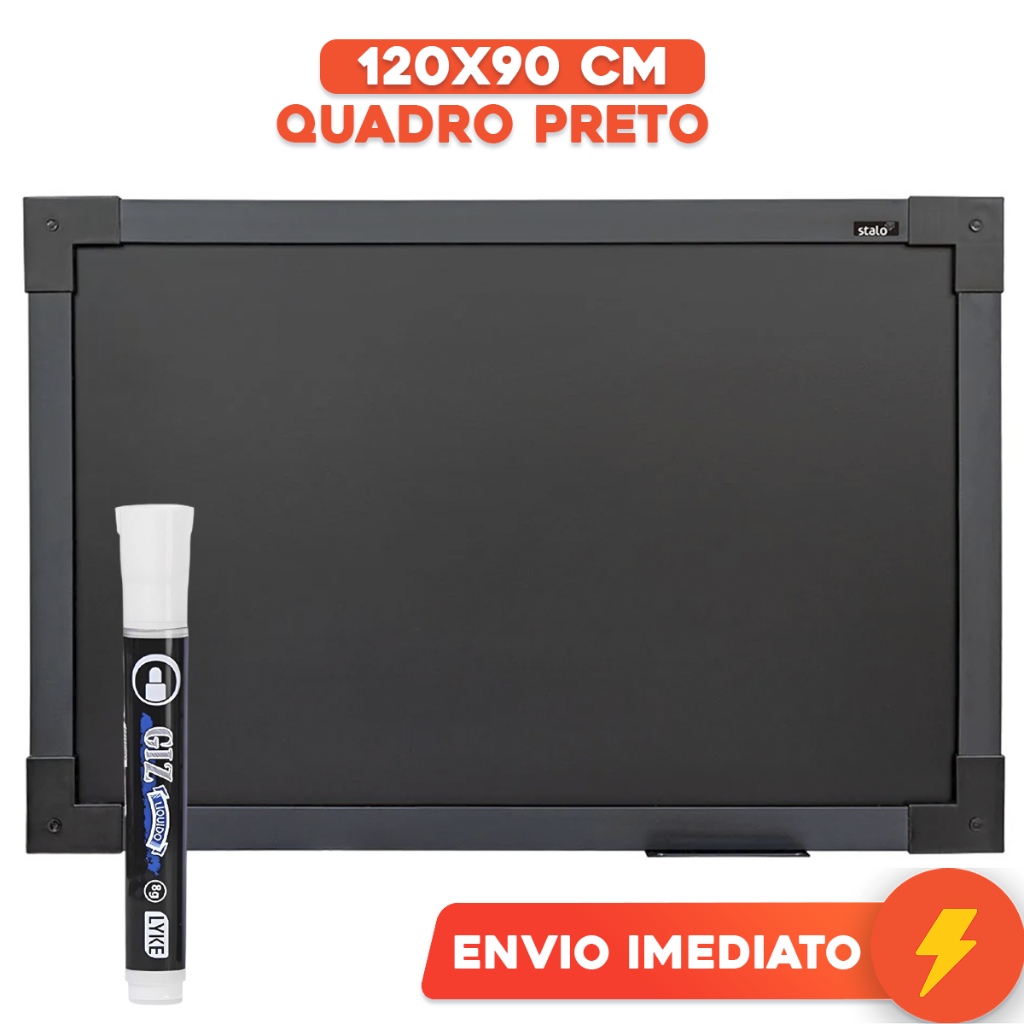 Lousa Quadro Negro Escolar Moldura Soft Preta 120x90cm + Caneta Giz Líquido Branco