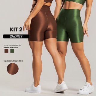 Kit 2 Shorts fitness feminino canelado brilhoso cós alto academia em Oferta na Shopee