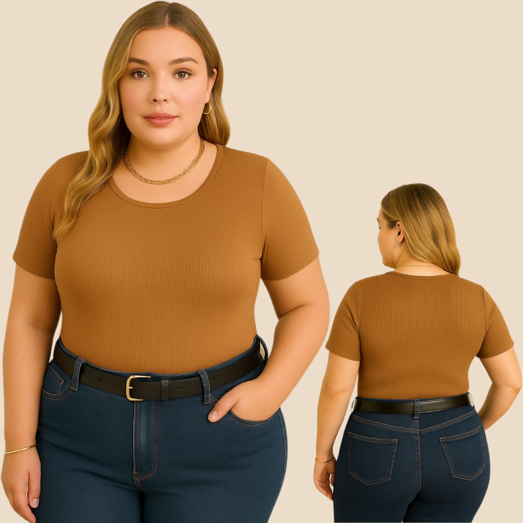 Kit com 3 blusa plus size decote redondo básica feminina