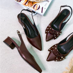 Sapato Scarpin Feminino Slingback Salto Baixo 3cm Confortável Bico Fino Aberto Atrás