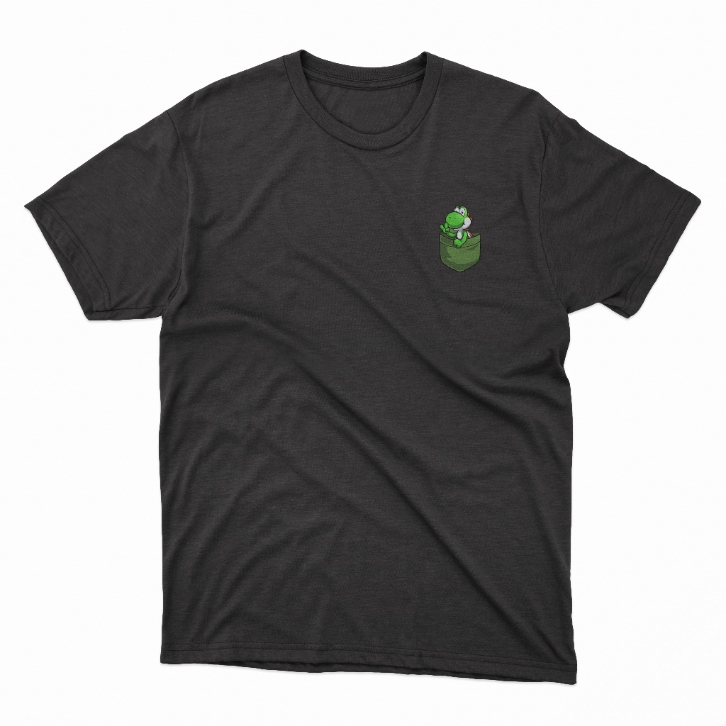 Camiseta Masculina 100% Algodão Estampada Personagem Yoshi do Super Mario Bos no Bolso Adulto e Infantil