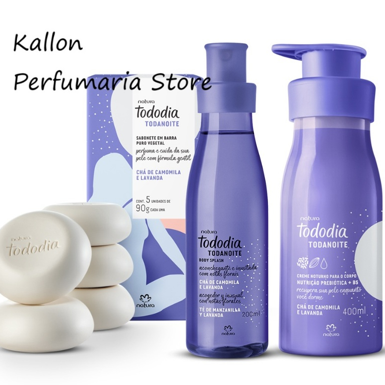 Kit Tododia Todanoite Chá de Camomila e Lavanda, Sabonete 5 und de 90g, Hidratante Corporal 400 ml e Body Splash 200ml