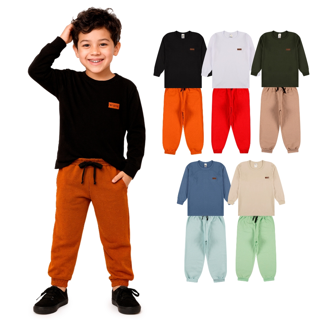 Kit 2, 6 ou 10 Peças Conjunto Camiseta Manga longa e Calça Moletom Menino Infantil Inverno Meia Estação Masculino Frio