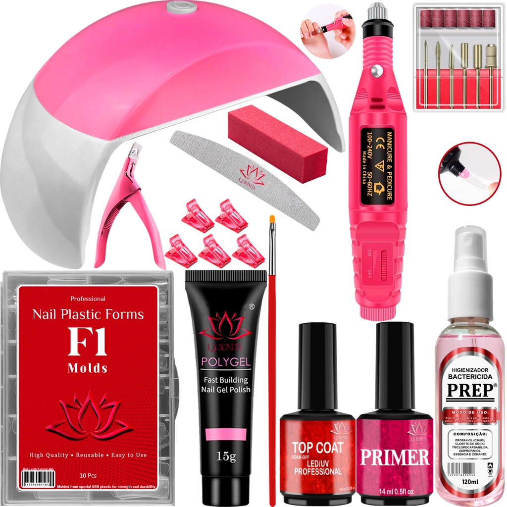 Kit Polygel Completo Cabine Mini G 48W LED UV Unhas Poligel Lixadeira Elétrica Caneta Manicure