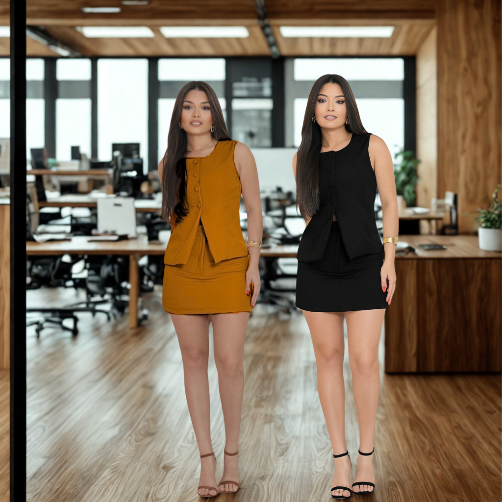 Conjunto social Feminino Alfaiataria Colete e Short saia com Botões Forrados e zíper Elegante Confortável