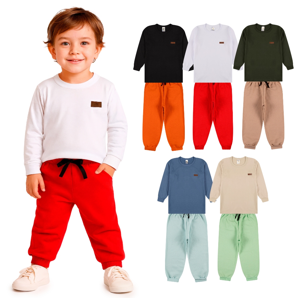 Kit 2, 4  Peças Conjunto Camiseta Manga longa e Calça Moletom Bebe Menino Infantil Conjunto Meia Estação Inverno em Oferta na Shopee