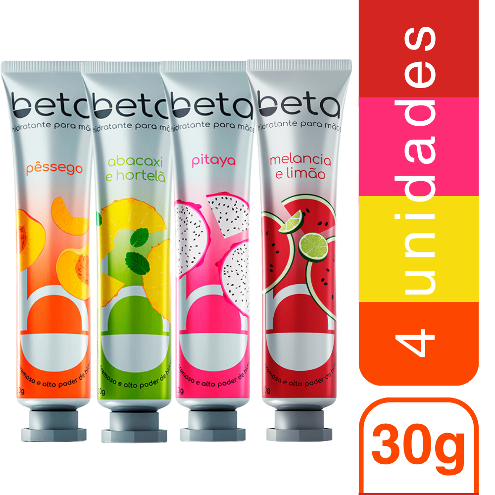 Kit com 4 Creme Hidrantante Para Mãos Beta Pêssego + Abacaxi e Hortelã + Pitaya + Melancia e Limão 30g em Oferta na Shopee