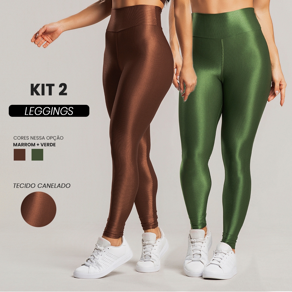 Kit 2 Calça legging fitness feminina canelada cintura alta com brilho para treino em Oferta na Shopee
