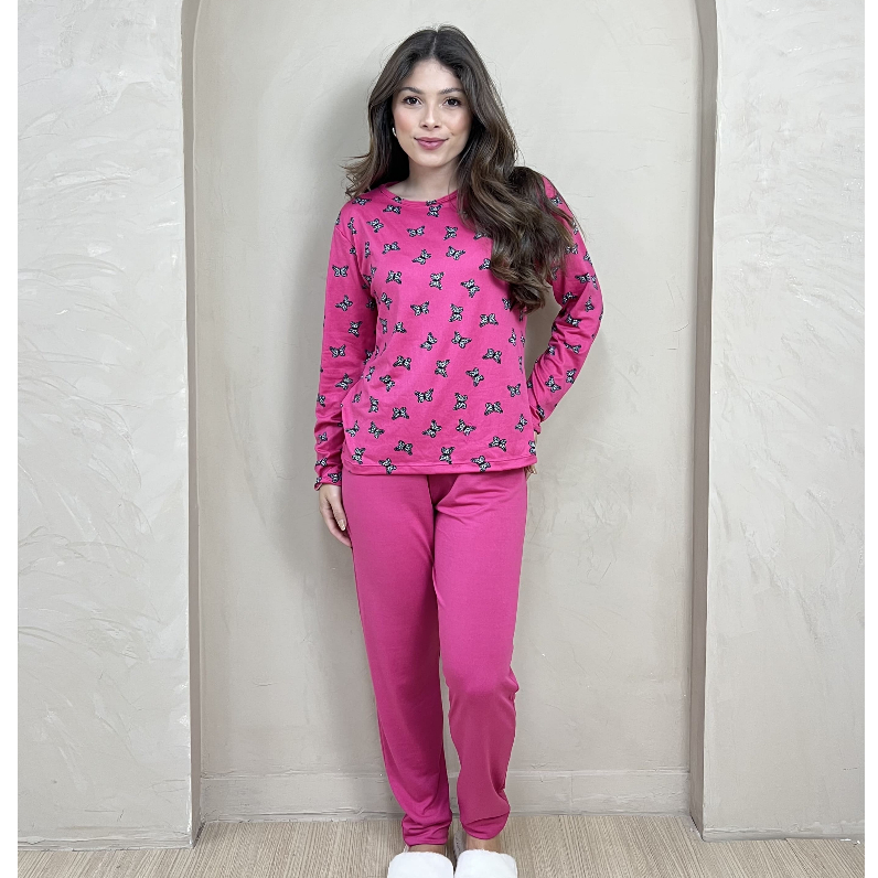 Pijama Longo Feminino Adulto Estampado Confortável Conjunto de Dormir Frio Manga Comprida Inverno em Oferta na Shopee