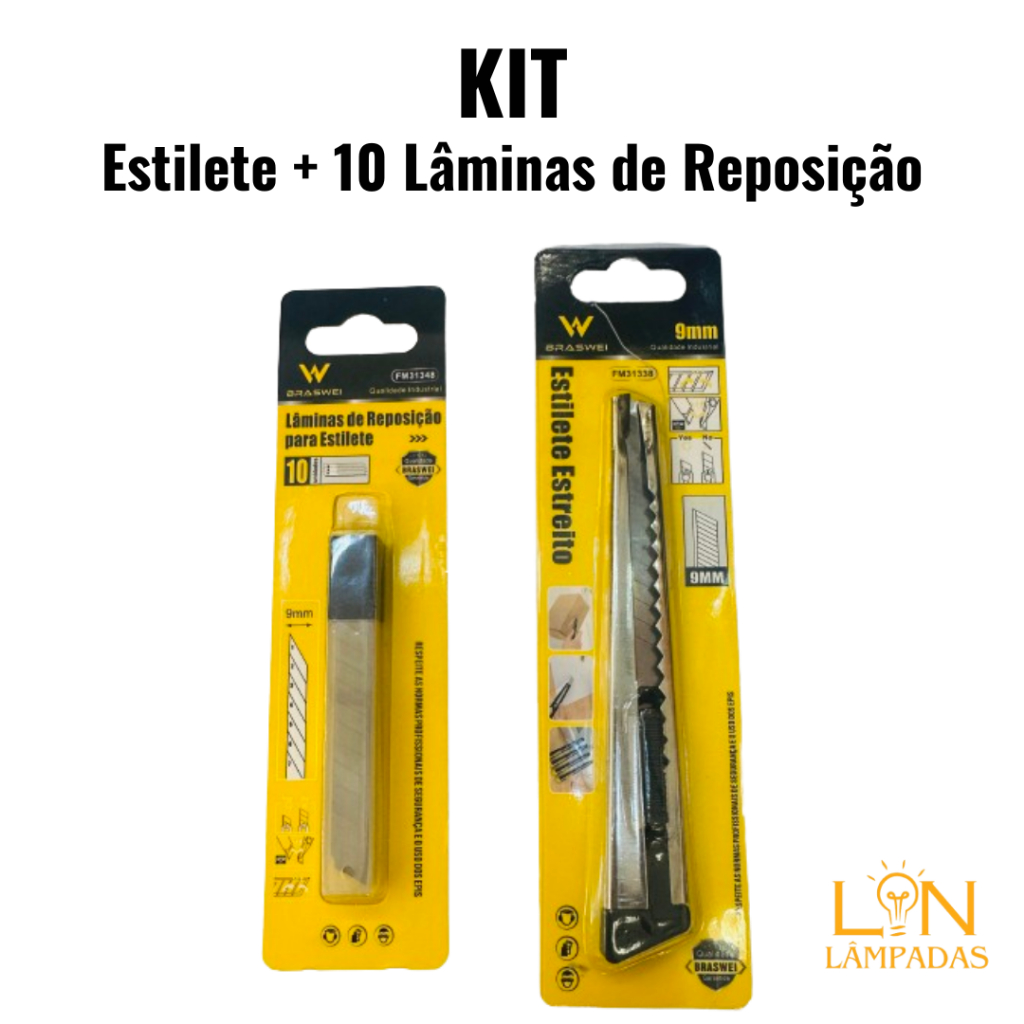 KIT Estilete Estreito de Metal Inox + 10 Lâminas de Reposição 9mm Profissional Cortes de Precisão