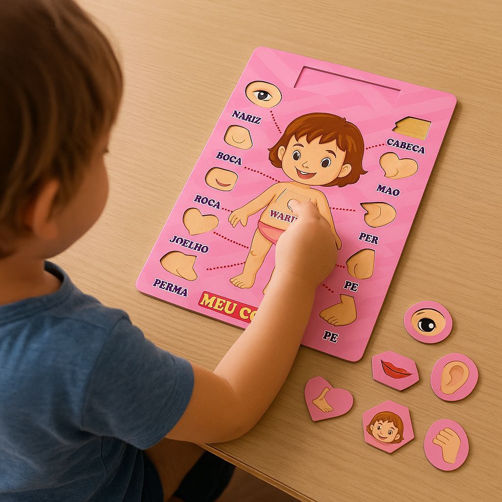 Brinquedo Educativo Tabuleiro Meu Corpo Humano em MDF Meninas Rosa Didático