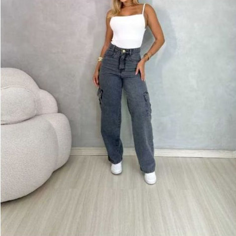 CALÇA CARGO GRAFITE FEMININA MODELO WIDE LEG PANTALONA 100% ALGODÃO