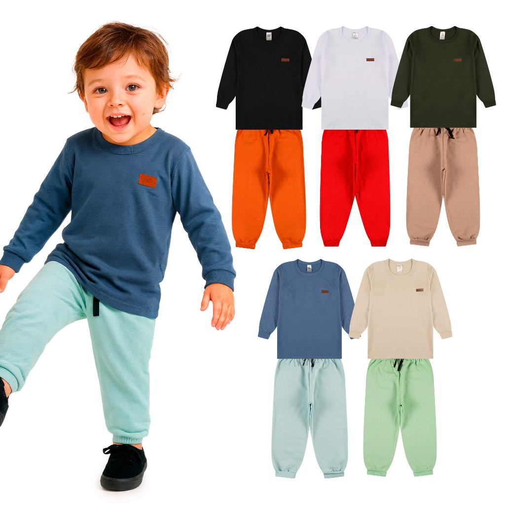 Kit 4 Peças Conjunto Camiseta Manga longa e Calça Moletom Bebe Menino Infantil em Oferta na Shopee