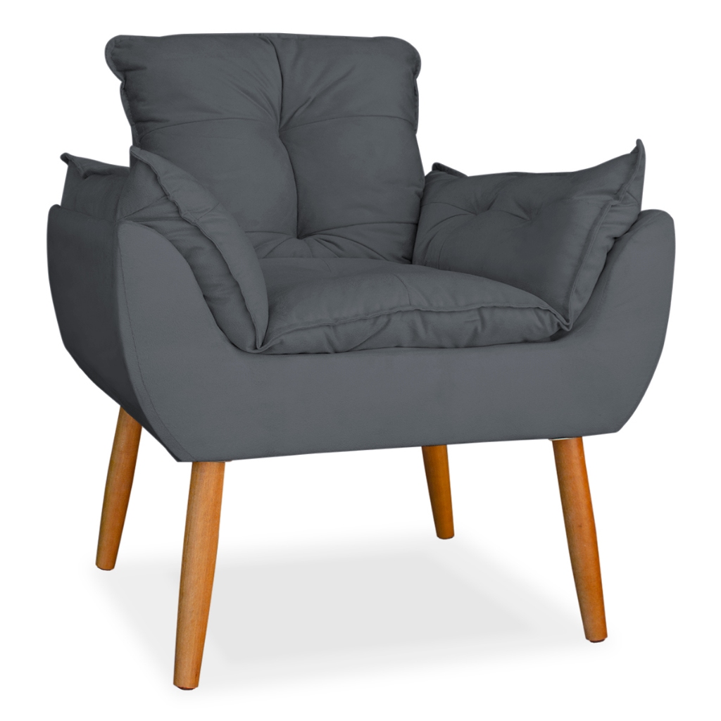 Cadeira poltrona estofada pes palito em suede cinza em Oferta na Shopee