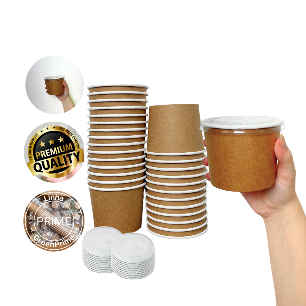Pote Papel Kraft biodegradável descartável 350ml C/ tampa Caldos Açaí 40un em Oferta na Shopee